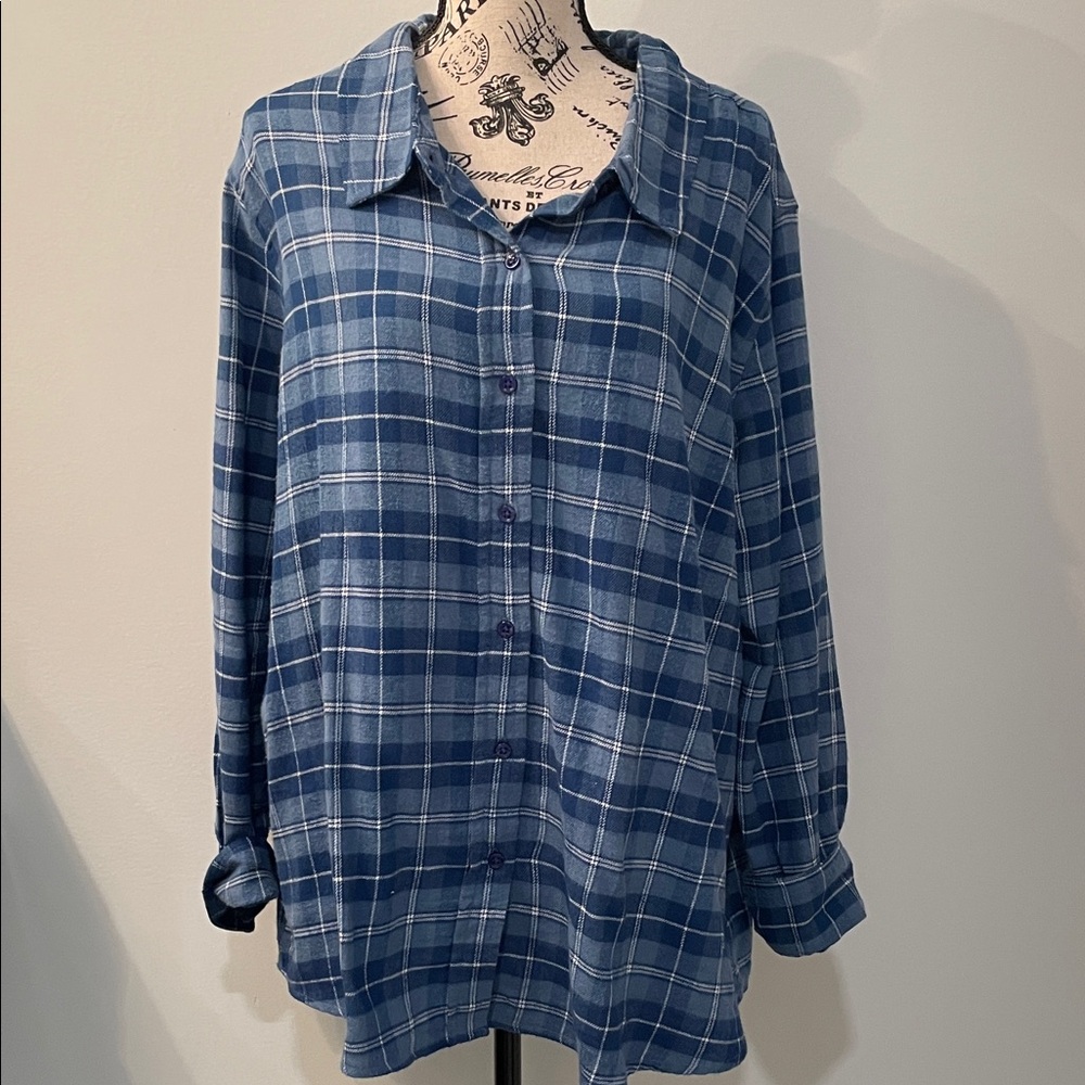Blue Plaid Flannel Button-Up Shirt
